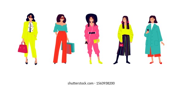 Illustration of young fashionable girls. Vector. Women shoppers and shopaholics. Ordinary girls posing. Flat style. Girls are isolated on a white background.