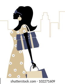 Illustration of a young fashionable woman with shopping bags.