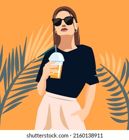 Illustration of a young fashionable woman with a stator of juice or a summer soft drink. A girl wearing sunglasses and a T-shirt on a tropical summer background tanning on the beach Beach summer image