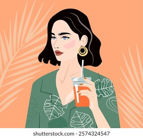 Illustration of a young fashionable woman with a stator of juice or a summer soft drink. A girl wearing sunglasses and a T-shirt on a tropical summer background tanning on the beach Beach summer image