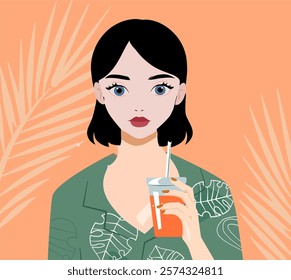 Illustration of a young fashionable woman with a stator of juice or a summer soft drink. A girl wearing sunglasses and a T-shirt on a tropical summer background tanning on the beach Beach summer image