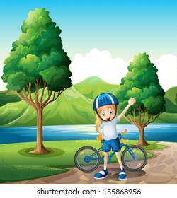 Illustration of a young female biker standing near the river