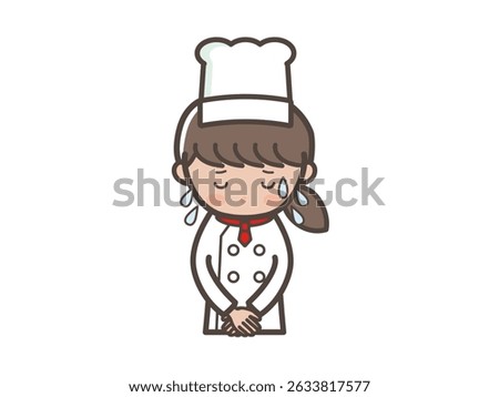 Illustration of a young female chef apologizing with a cold sweat