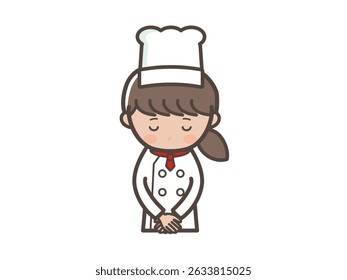 Illustration of a young female chef bowing her head and apologizing