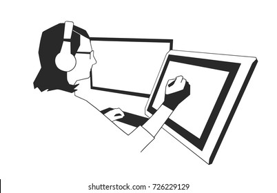 Illustration of young female designer working on drawing tablet in black and white