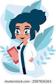 An illustration of a young female doctor. The character is depicted in a professional white coat, symbolizing the medical field. The style is modern and suitable for use in medical projects, articles,