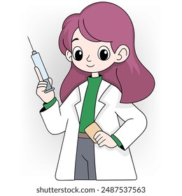 Ilustración de una joven doctora de cabello rosa, sosteniendo una jeringa en una mano y una tarjeta médica en la otra.