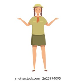 Illustration of a young female explorer character standing confidently in a modern, casual outfit, posing with her hands out
