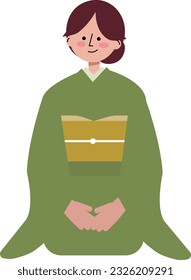 An illustration of a young female innkeeper wearing a kimono and sitting in seiza position.