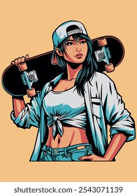 Illustration of a young female skateboarder holding a skateboard on her shoulder. She wears casual streetwear, including a backward cap, a tied crop top, and denim shorts vector design