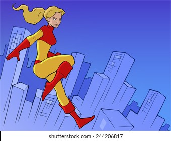 Illustration of a young female superhero in a bright red and yellow costume flying on the background of night city