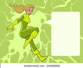 Illustration of a young female superhero in a bright green costume flying 