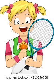 Illustration of a Young Female Tennis Player Showing Her Medal