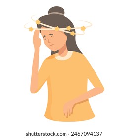 Illustration of a young female woman experiencing dizziness. Vertigo. And disequilibrium with stars and unsteadiness. Representing symptoms of a balance disorder and illness in a simple