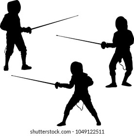 illustration with young fencers silhouettes isolated on white background