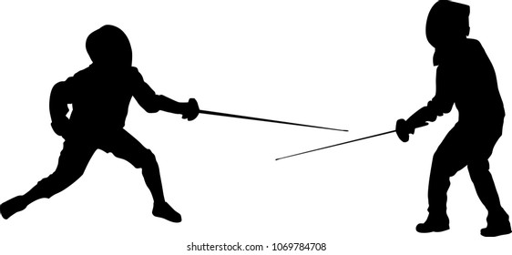 illustration with young fencers silhouettes isolated on white background