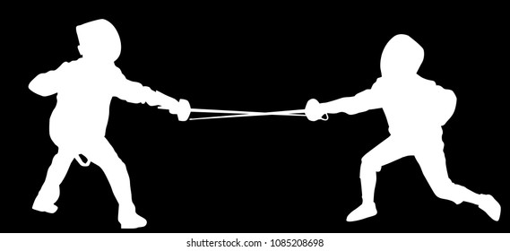 illustration with young fencers silhouettes isolated on black background
