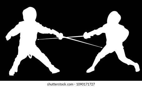 illustration with young fencers silhouettes isolated on black background