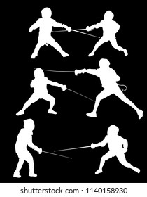 illustration with young fencers silhouettes isolated on black background