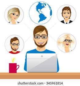 illustration of young freelancer working in collaboration with coworkers over internet