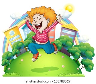 Illustration of a young gentleman jumping for joy at the hill on a white background