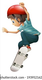 Illustration of a young gentleman skateboarding on a white background