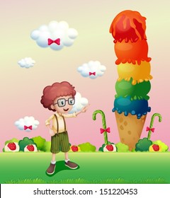 Illustration of a young gentleman standing near the giant icecream