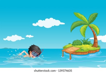 Illustration of a young gentleman swimming near a little island