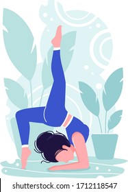 illustration with young girl in arm balance pose asana with simple interior background. modern flat vector style.
