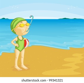 Illustration of young girl at the beach