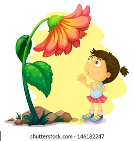 Illustration of a young girl below the giant flower on a white background 