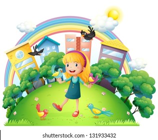 Illustration of a young girl with a lot of birds on a white background