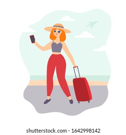 illustration of a young girl a blogger with red hair on vacation walks along the seashore with a bag on wheels, takes pictures of herself for a blog. a plane flies in the sky. flat style, vector