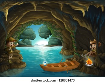 Illustration of a young girl and boy inside the cave