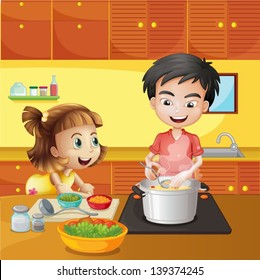 Illustration of a young girl and boy at the kitchen