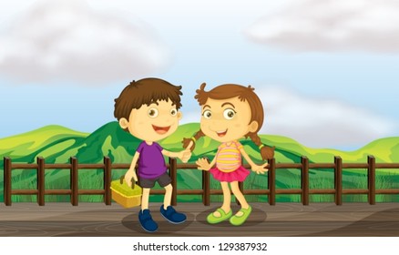 Illustration of a young girl and a young boy at the wooden bridge
