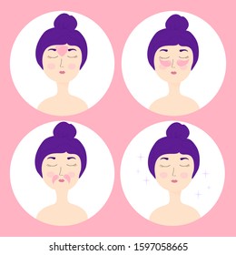 illustration of a young girl caring for skin with cosmetic patches. patches under the eyes, on the forehead, above the lips. home care, skin care, youth preservation. vector