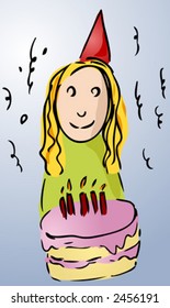 Illustration of a young girl celebrating her birthday, with a birthday cake and confetti. Vector illustration