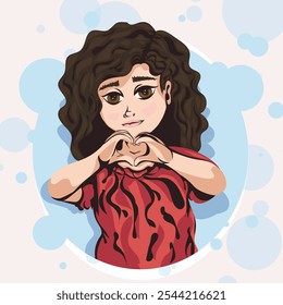 Ilustración de una niña con el pelo rizado haciendo una forma de corazón con sus manos, simbolizando el amor y la inocencia. Creado en un estilo de dibujos animados con colores brillantes y detalles suaves.