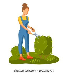 Illustration of young girl cuting bush. Season gardening image.