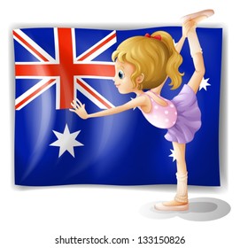 Illustration of a young girl dancing in front of the Australian flag on a white background