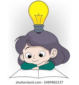 An illustration of a young girl with dark hair, smiling as she leans over a book with a glowing light bulb above her head, symbolizing the moment she gets a creative idea.