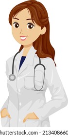 Illustration of Young Girl Doctor Wearing White Gown with Stethoscope Hanging on Her Neck