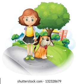 Illustration of a young girl with a dog along the street on a white background