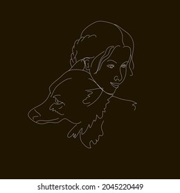 Illustration of young girl with a dog. White line on black
 background. Beautiful design for your t-shirt.