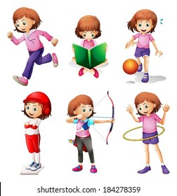 Illustration of a young girl doing different activities on a white background