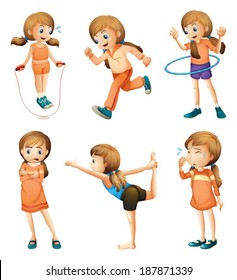 Illustration of a young girl doing her daily routine on a white background