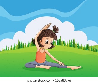 Illustration of a young girl doing yoga at the hilltop