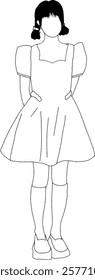 Illustration of a Young Girl in a Dress with Pigtails.
Monochrome line art illustration of a young girl with pigtails wearing a dress and stockings.