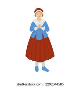 Illustration Of Young Girl Dressed As A Pilgrim In Welcome Pose On White Background.